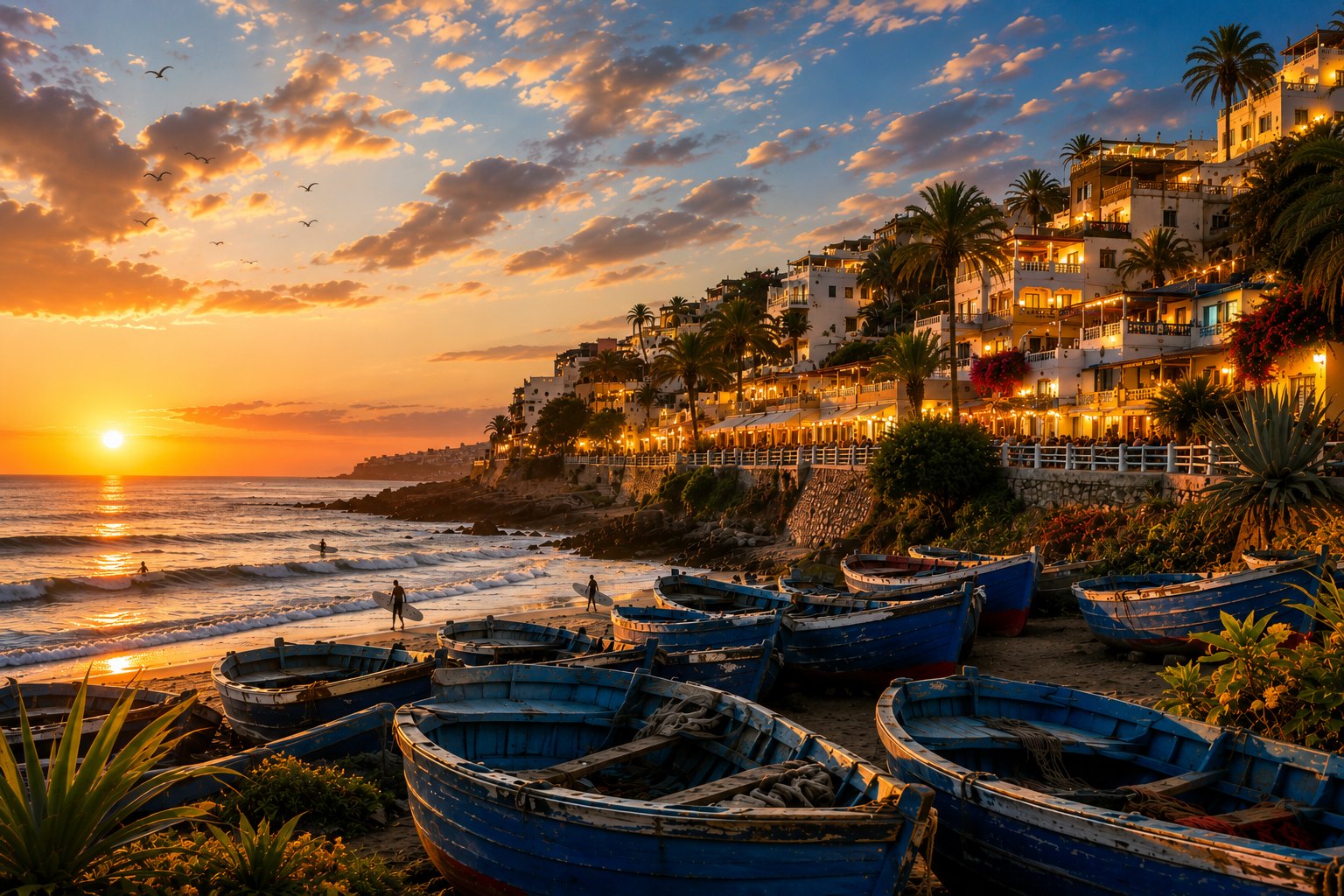 Fishing boats on Taghazout beach at sunset with hillside villages, Morocco